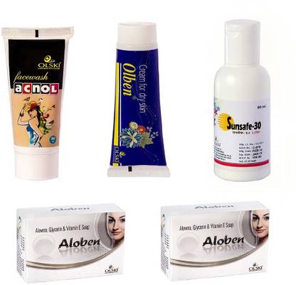Olski SkinCare Combo (Acnol Facewash + Olben Moisturising Cream + Sunsafe Sunscreen + 2 Aloben Moisturising Soap