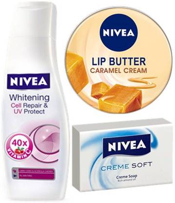 NIVEA Combo Of Whitening Lotion Caramel Lip Butter Soap