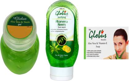 Globus Remedies ALOEVERA FACE GEL, ALOE NEEM FACE WASH & ALOEVITAMIN E SOAP