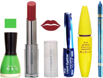 RYTHMX Intense Matte Wine Shade Lipstick, Parrot Green Nail Polish,Black Eyeliner,Mascara, And Turquoise Blue Kajal 634