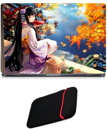 Skin Yard Geisha Anime Girl Laptop Skin with Reversible Laptop Sleeve - 14.1 Inch Combo Set