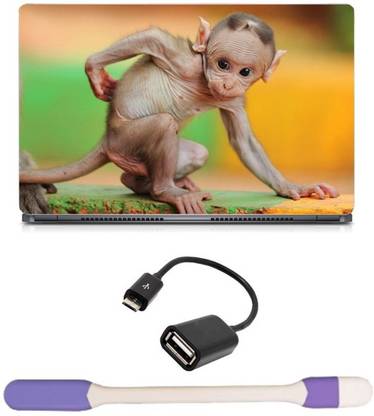 Skin Yard Cute Hairless Monkey Laptop Skin with USB LED Light & OTG Cable - 15.6 Inch Combo Set