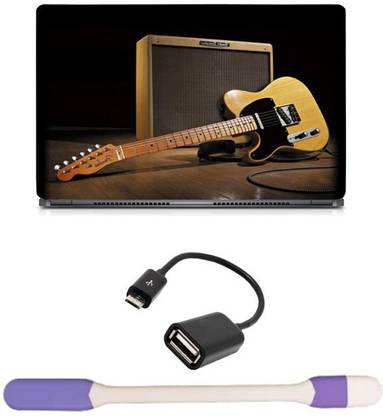 Skin Yard Stereo Guitar Laptop Skin -14.1 Inch with USB LED Light & OTG Cable (Assorted) Combo Set