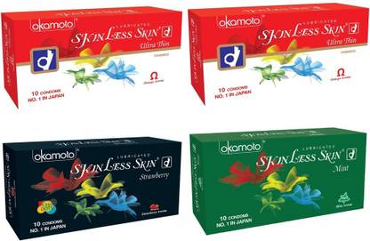 okamoto Skinless Skin - Ultra Thin, Strawberry 1350 Dots and Mint Dotted Condom