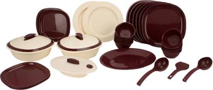 Signoraware Pack of 36 Plastic Square Plastic Dinner Set, 36-Pieces, Maroon Dinner Set