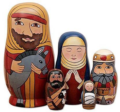 Bits and Pieces and Pieces - 5pc Nesting Doll Holy Family -The Nativity Family Hand Painted Hand Made Wooden Nesting Dolls Matryoshka Nativity Figurines - Set of 5 Dolls From 5.5" Tall