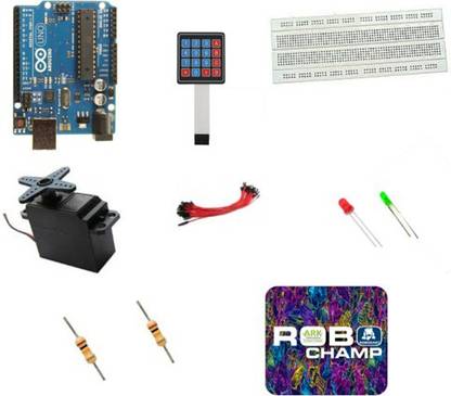 Robokart Complete kit for Door Lock Using 4×4 Keypad and Servo Motor using Arduino Uno and Note Pad Micro Controller Board Electronic Hobby Kit