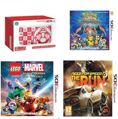 NINTENDO 3DS XL Mario White Edition 4 GB with Pokemon Super Mystery Dungeon, Need For Speed The Run, Lego Marvel Superheroes Universe In Peril
