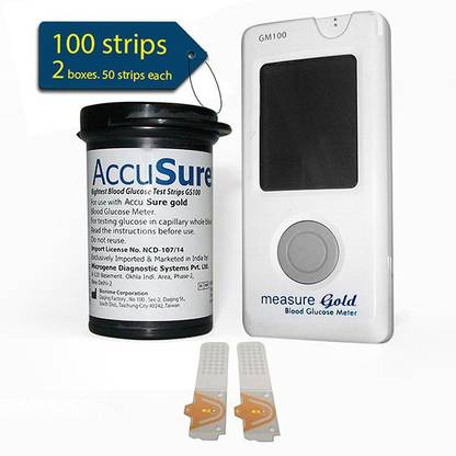 AccuSure lifespan measure gold glucose meter with 100 strips Glucometer
