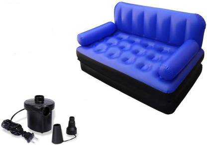IBS Airsofa cum Bed 5 In 1 PVC Air Multipurpose Blue PP Doublebed Booster Kids Sleeping Mattress Travel Lounge Seat Couch Carbed with Electric Pump PP (Polypropylene) 3 Seater Inflatable Sofa