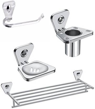 FORTUNE Bathroom Accessories Set ( Combo of 4 Piece ) Chrome Finish Towel Rack / Towel Ring/ Toothbrush Holder / Soap Stand Silver Towel Holder