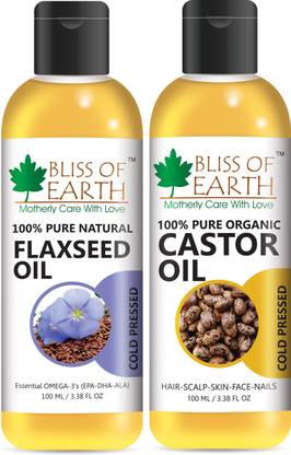 Bliss of Earth 100% Organic Castor Oil & Flaxseed Oil with Omega-3 (100ML Each) Combo Set