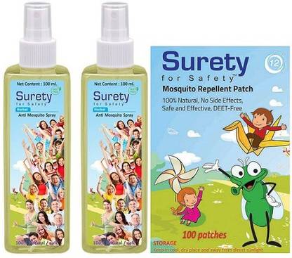 Surety for Safety Anti Mosquito Spray (100ml) (Pack of 2) + Mosquito Repellent Patch 100