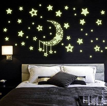 Shrih 30 cm Moon And Stars Glow In The Dark Wall Sticker Glow in the Dark Sticker