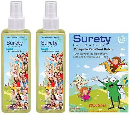 Surety for Safety Anti Mosquito Spray (100ml) (Pack of 2) + Mosquito Repellent Patch 20