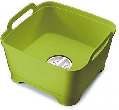 Joseph Joseph Kitchen Rack Plastic Wash and Drain Dish Tub Plastic Dishpan with Draining Plug Carry Handles for Dishwashing Cleaning 12.4-inch x 12.2-inch x 7.5-inch, green