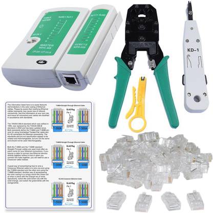 FineArts Rj45 Crimping Tool, KD-1 Professional Punch Down Tool, Network Lan Cable Tester, Ethernet Color Coding & 50 Pcs RJ45 Connectors Combo Set
