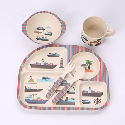 EZ Life Pack of 5 Bamboo EZ Life Kids Rectangle Dining Set -Eco Friendly Bamboo - 5 Pieces - Cruise Liners Dinner Set