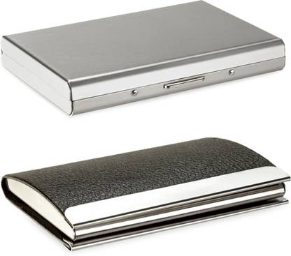 billionBAG High Quality | Combo of 2 | Steel Plain Metal Waterproof ATM And Black Leather Piece Visiting Card Holder 9033 6 Card Holder