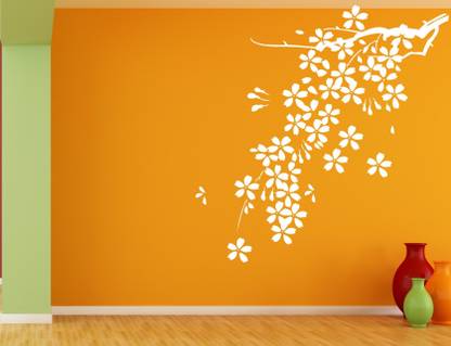 WALL GURU 59.73 cm Flower and vine white wall decal and sticker size(73*59)cm Self Adhesive Sticker