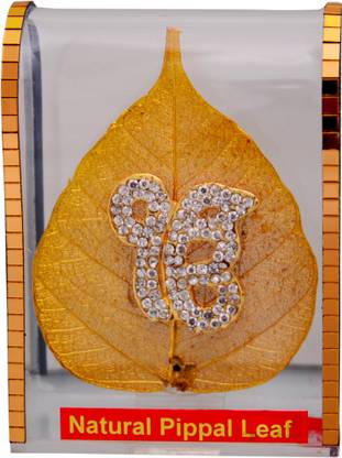 Purpledip Gold Plated Natural Pipal Leaf with Ik Onkar for car dashboard Decorative Showpiece  -  8 cm