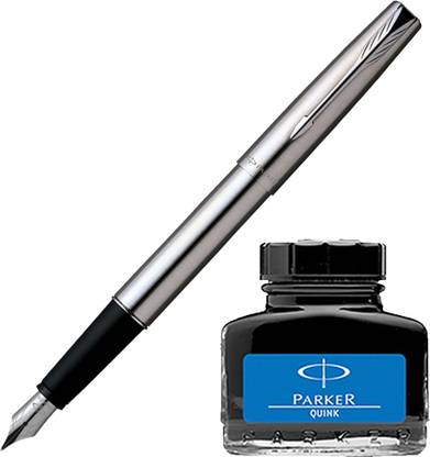 PARKER Frontier Stainless Steel CT Fountain Pen with Blue Quink Ink Bottle