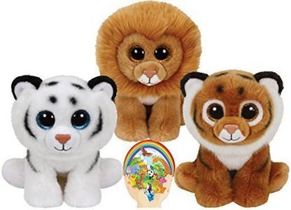 TY Beanie Babies Tigers Tiggs And Tundra And Louie The Lion Gift Set Of 3 Plush Toys 6-8 Inches Tall With Bonus Animals Sticker  - 6 inch