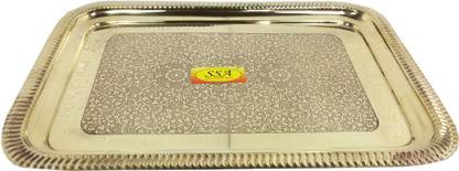 Shivshakti Arts Handmade Pure Embossed Designed Brass Tray Rectangular Designed Dinnerware Serveware Tray