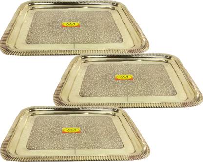 Shivshakti Arts Set Of 3 Handmade Pure Embossed Designed Brass Tray Rectangular Designed Dinnerware Serveware Tray