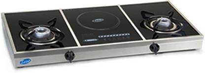 Glen Glen 2 Burner GL-1037 Stove + In Built Induction Cooktop Black Glass Manual Gas Stove