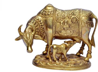 MP Crafts Brass Beautiful Kamdhenu Cow and Calf Idol Statue with Laxmi Carved on Shawl for Home Temple, Home Decor, Showpiece, Living Room, Festival and Gift Decorative Showpiece  -  6 cm