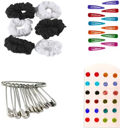 AccessHer Daily Essentials Hair accessories Combo for Women: Rubber Band, Safety pins, Tiktak pins, Studs Rubber Band
