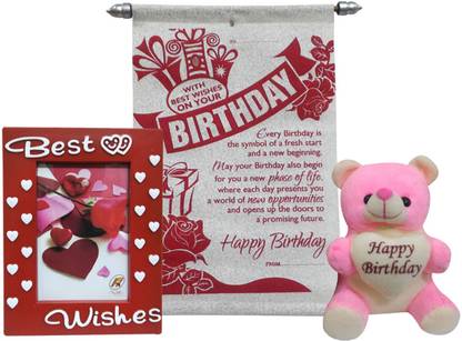 Saugat Traders™ Birthday Gift Combo - Birthday Scroll Card, Photo Frame & Soft Teddy