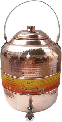 Shivshakti Arts Handmade Pure Copper Pot Matka Water Tank With Brass Handle Hammered Design C-567-1 6.5 L Drum