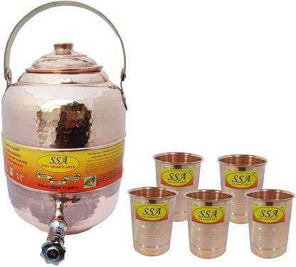 Shivshakti Arts Combo Of Handmade Pure Copper Pot Matka With 5 Glass Silver Touch Hammered Design C-945 13 L Drum