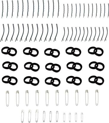 Out Of Box Combo Of 24 Bob Pin 24 Side Pin 10 Piece Big Safety Pin 10 Piece Mixed Size Safety Pins And 30 Piece Black Ribbed Elastic Wide Ponytail Holder