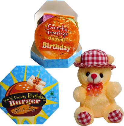 Siddhi Gifts Happy Birthday Gifts - Happy Birthday Burger Shape Greeting Card With Soft Teddy (Beige)