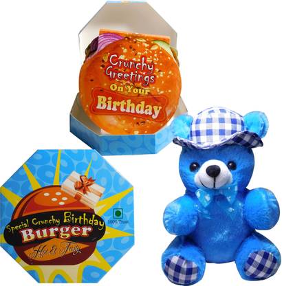 Siddhi Gifts Happy Birthday Gifts - Happy Birthday Burger Shape Greeting Card With Soft Teddy (Blue)