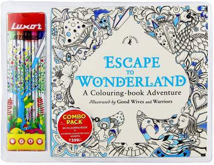 LUXOR Escape to Wonderland Colouring Book & 10 Stripen Fine - 0.4MM Nib Sketch Pens  with Washable Ink