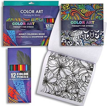 Fuji Stationery Adult Coloring Book W 12 Pencils Sharpener Vol. 2