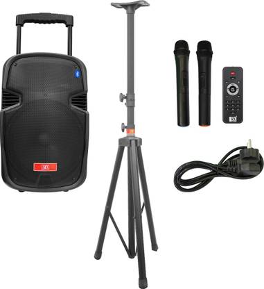 MX 10 inches Portable Multimedia Trolley Speaker With Speaker stand and Built-in Amplifier Battery Bluetooth Usb Radio Fm Sd Card Aux Input & 2 Wireless Microphone Remote 3710&3465A Indoor, Outdoor PA System