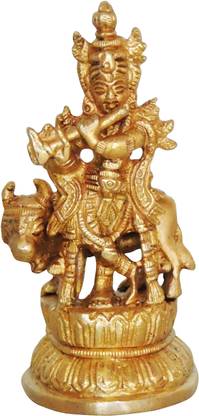 Brass Gift Center Krishanji with Cow statue Small Decorative Showpiece  -  11 cm