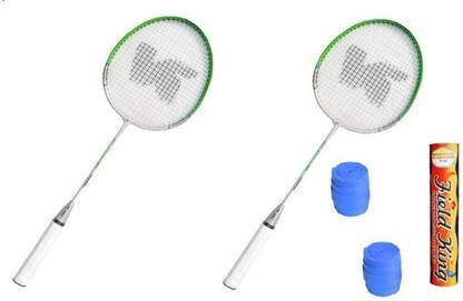 Nalky Pro- 9977 Badminton Racket with Fieldking Shuttlecock and Grip - Pack of 2 Green, White Strung Badminton Racquet