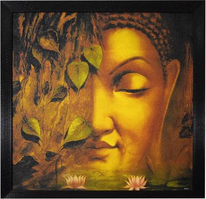 Chaque Decor Black Frame Half face Of Buddha With Leaf Wall Art Painting, WithoutGlass Digital Reprint 17.5 inch x 17.5 inch Painting