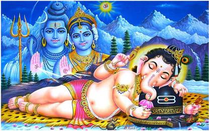 Lord Ganesh Ji With Lord Shiva and Parvati Ji Poster Paper Print