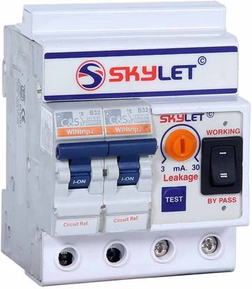 स्काइलेट ELCB+MCB Single Phase 2 pole ELCB + RCCB + ISI Marked MCB 32 A with high voltage protection, Overload Protection, Adjustable Leakage current 3 to 30 mA (Shock Guard) Modular MCB