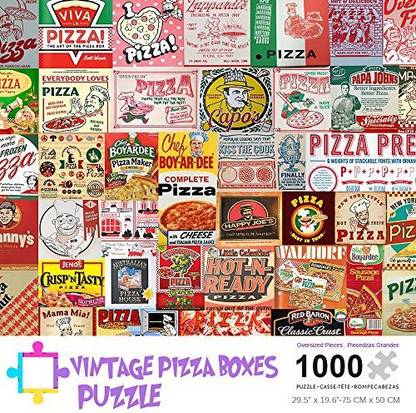 Joonem Vintage Pizza Boxes Collage: Play Large Jigsaw Puzzle Photo Collage Art With Pizza Boxes From Around The Globe For Adults By Puzzles
