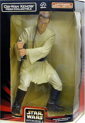 STAR WARS Episode 1 The Phantom Menace Mega Collectible 13 Inch Tall Action Figure - Obi-Wan Kenobi With Lightsaber That Really Light Up Plus Certificate Of Authenticity