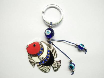 DREAMHUB ™ Beautiful Metallic Blue Stone Studded Fish Keychain With Evil Eye Protection Key Chain