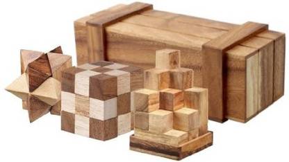 Monkey Pod Games Magic Box With 3 Wooden Puzzles Gift Set - Open The Trick Box To Find 3 Great Puzzles Inside